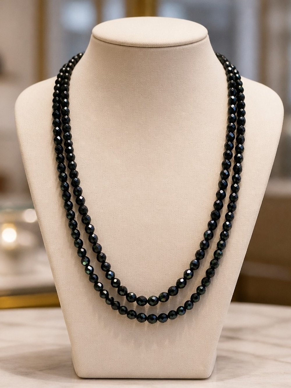 Faceted Black Glass Hand Knotted Fancy Clasp Gold Tone Vintage Collar Necklace - Picture 2 of 4